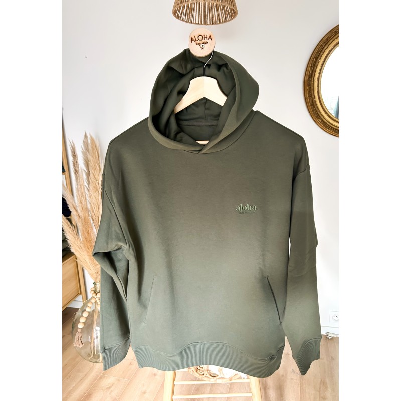 Hoodie Aloha Way of llife oversize kaki. Broderie ton sur ton