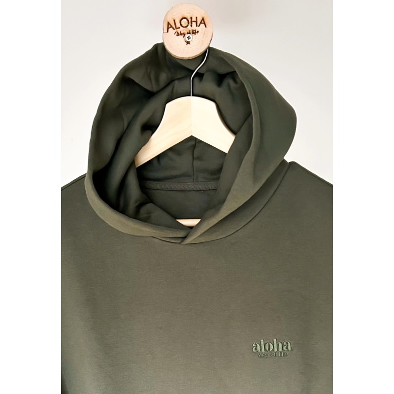 Hoodie Aloha Way of life oversize kaki. Broderie ton sur ton
