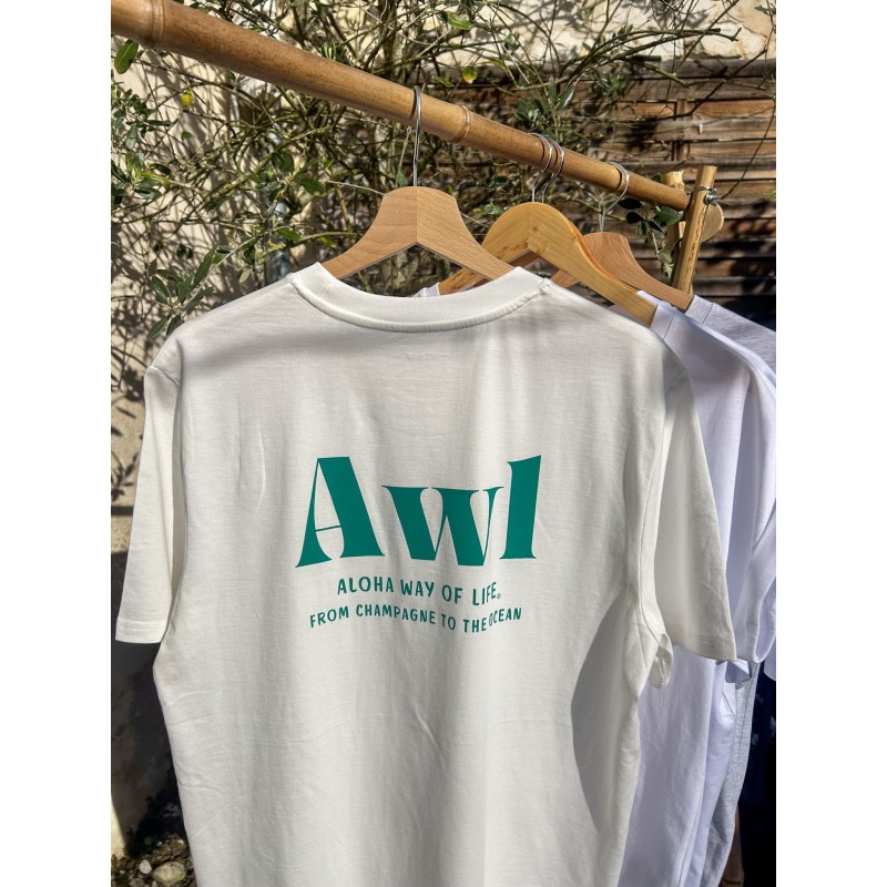 T-shirt coton bio AWL-Aloha Way of Life From Champagne to the Ocean, blanc cassé