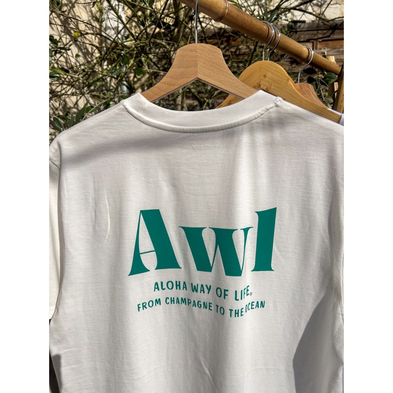 T-shirt coton bio AWL-Aloha Way of Life From Champagne to the Ocean, blanc cassé