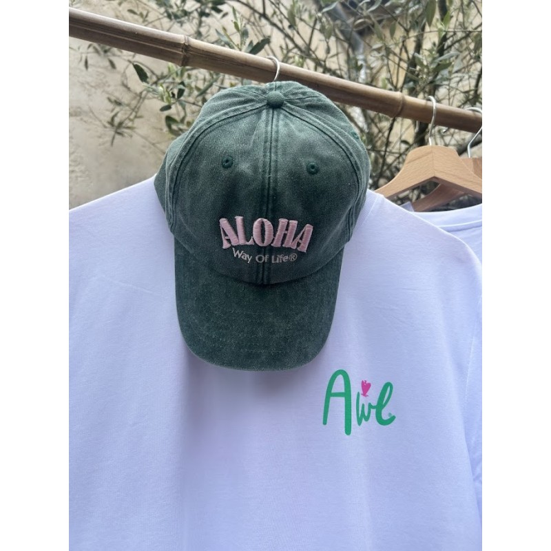 casquette vintage aloha way of llife verte, broderie rose
