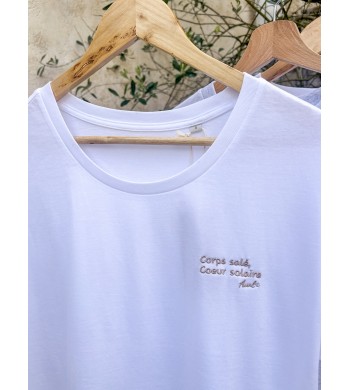 Tee-Shirt femme brodé Corps salé, Coeur solaire Aloha Way of life ® coton Bio.