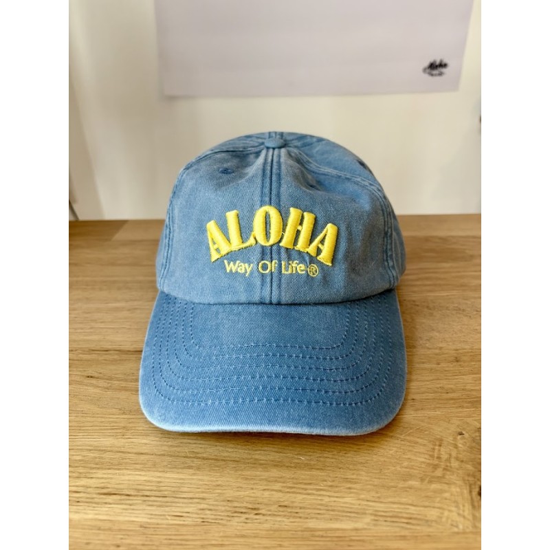 casquette vintage blue light denim aloha way of life broderie jaune