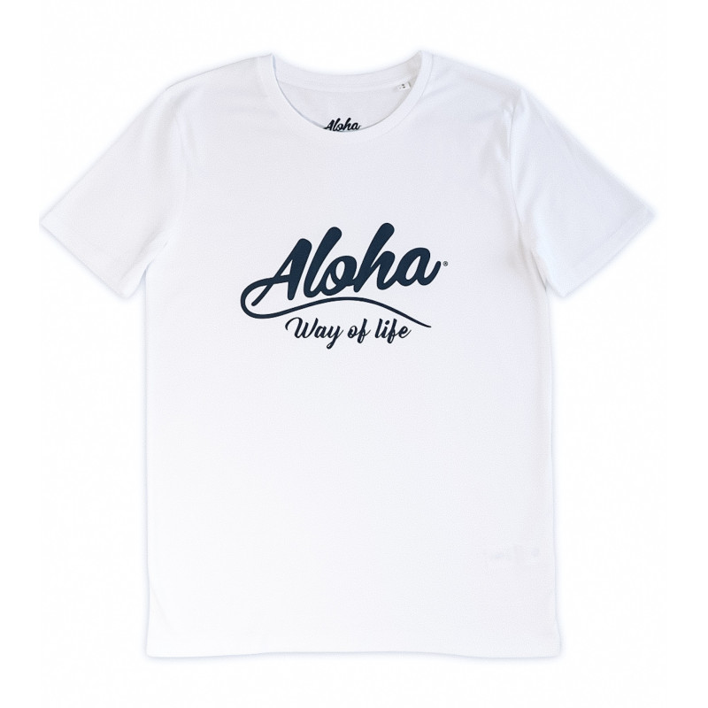 T-shirt hommes Aloha Way of life en coton bio blanc, logo bleu. Marque française - Imprimé en France.