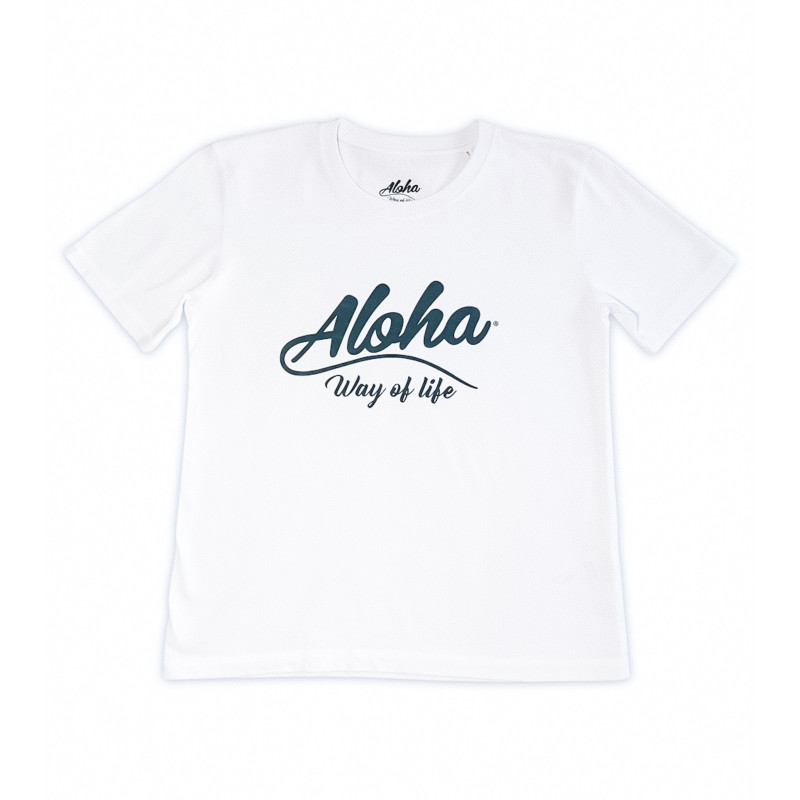 T-shirt femme Aloha Way of life coton bio blanc, logo bleu marine. Imprimé en France.