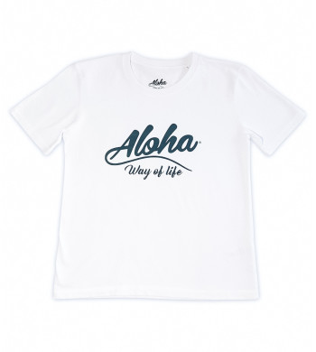 T-shirt femme Aloha Way of life coton bio blanc, logo bleu marine. Imprimé en France.