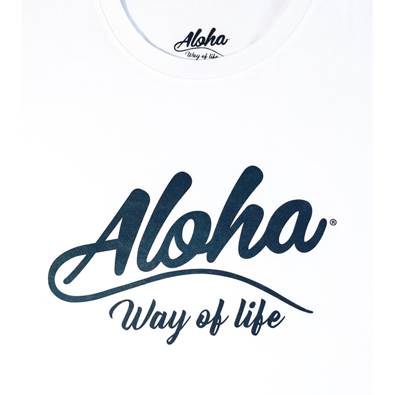 T-shirt Aloha Way of life coton bio blanc, mode surfeuse, rideuse, aloha vibes.