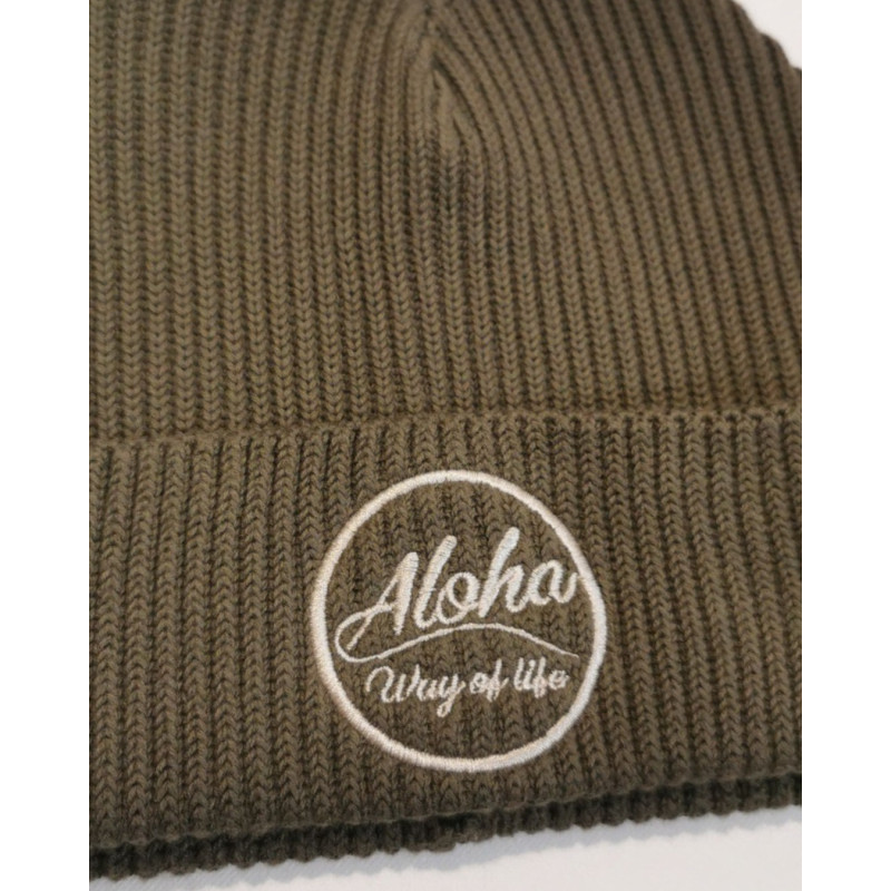 Bonnet côtelé en coton bio kaki, Broderie Aloha Way of life ® Marque Lifestyle.