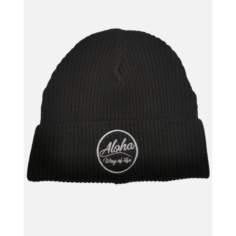 Bonnet côtelé Noir, Broderie Aloha Way of life ® Marque Lifestyle.