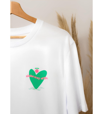T-Shirt blanc 100% coton bio. Ange-Coeur Aloha Way of life ®
