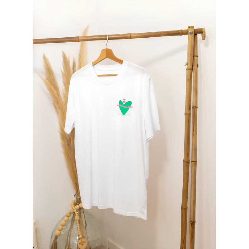 Tee-Shirt mixte 100% coton Bio, Coeur Aloha Way of life ® Vert et Rose