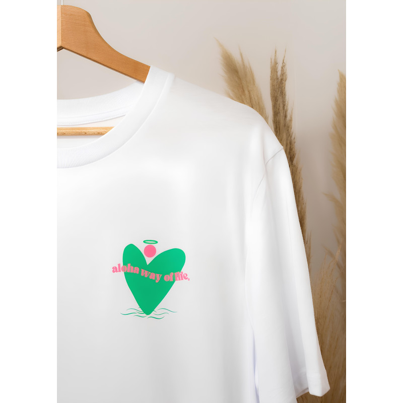 T-Shirt Mixte Coeur Aloha Way of life vert et Rose - 100% coton bio.
