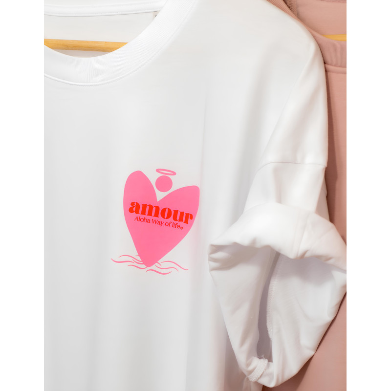 TSHIRT FEMME LOOSE ALOHA WAY OF LIFE BLANC LOGO ANGE COEUR AMOUR ROSE