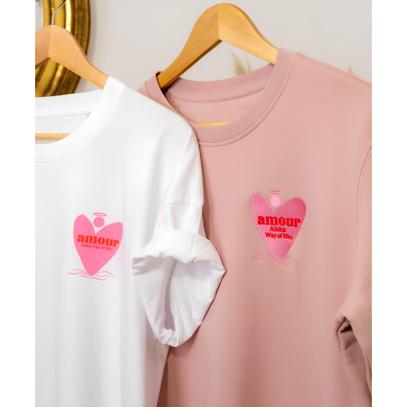 SWEAT COL ROND AMOUR ALOHA WAY OF LIFE VIEUX ROSE