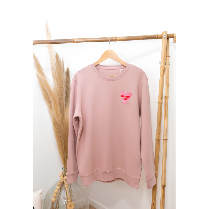 Sweat coton bio. Amour Coeur Aloha Way of life - Vieux Rose