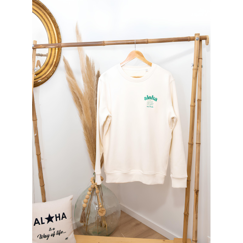 Sweat coton bio. Ivoire - Aloha Soleil couchant - Aloha Way of life
