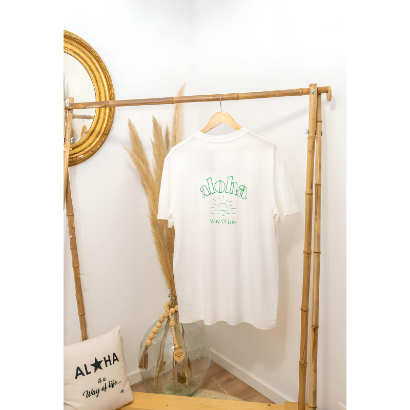 T-SHIRT SOLEIL ALOHA WAY OF LIFE IVOIRE + LOGO VERT DOS