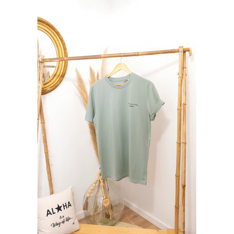 T-Shirt Aloha Way of life vert Aloe + logo bleu vagues - mixte - coton bio- mode lifestyle