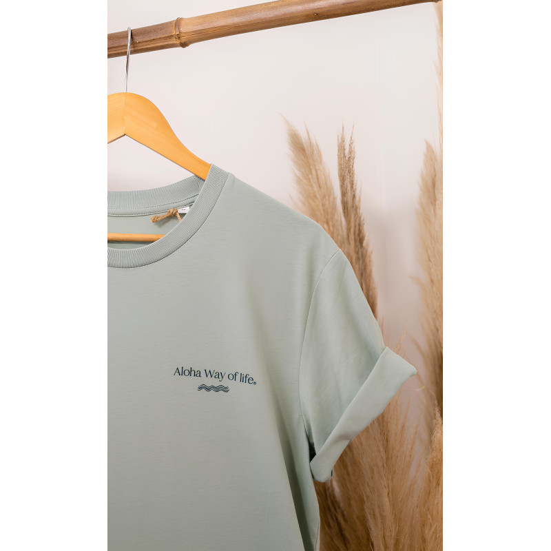 Tee-Shirt mixte 100% coton Bio, Aloha Way of life ® vagues. Vert aloe.