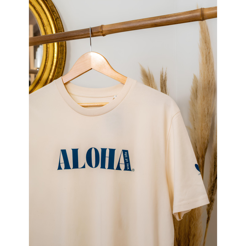 T-Shirt mixte Aloha way of life raw natural + logo Coeur Aloha bleu canard