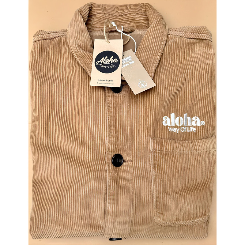 Surchemise Velours Côtelé Mixte Camel – 100% Coton Biologique - Broderie Aloha Way of life