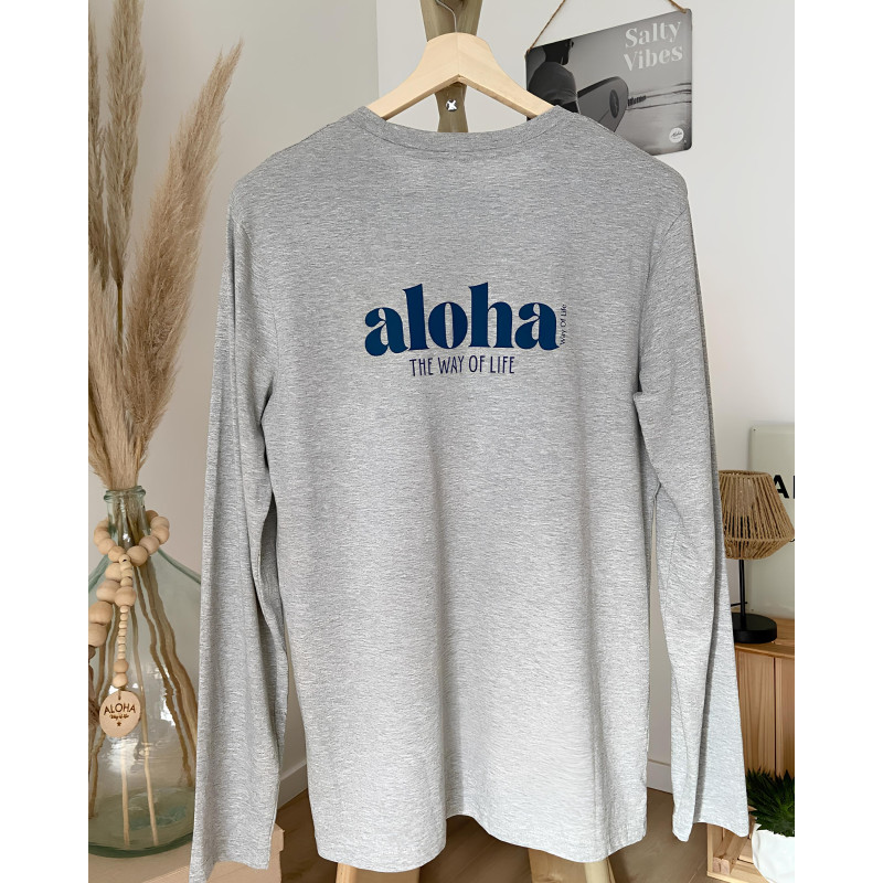 T-shirt manches longues coton bio gris chiné Aloha The Way of life logo bleu canard, marque française
