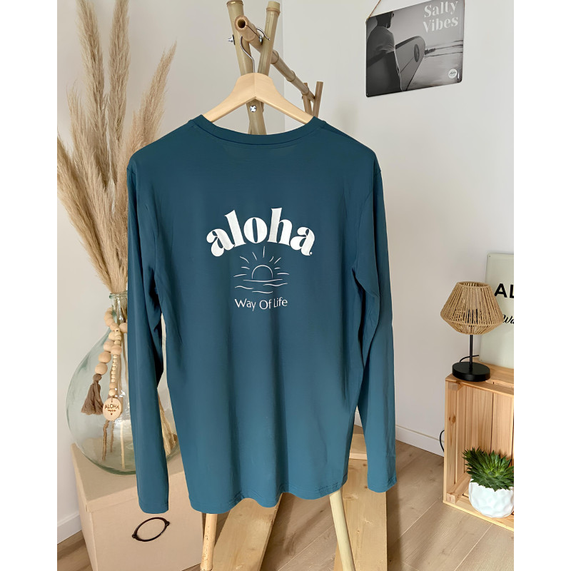 T-shirt manches longues coton bio vert canard logo dos Aloha Soleil couchant, marque française
