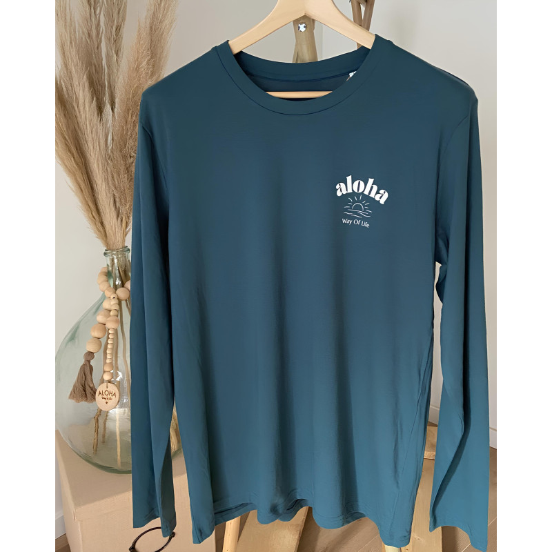 T-shirt manches longues coton bio vert canard logo dos Aloha Soleil couchant, marque française