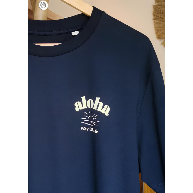 T-SHIRT SOLEIL COUCHANT ALOHA WAY OF LIFE BLEU MARINE