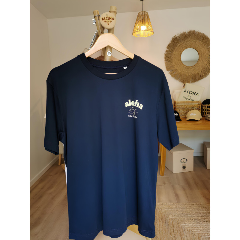 T-SHIRT SOLEIL COUCHANT ALOHA WAY OF LIFE BLEU MARINE