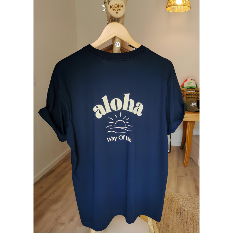 Tee-Shirt mixte 100% coton Bio, logo Aloha Soleil couchant/ Aloha Way of life ®