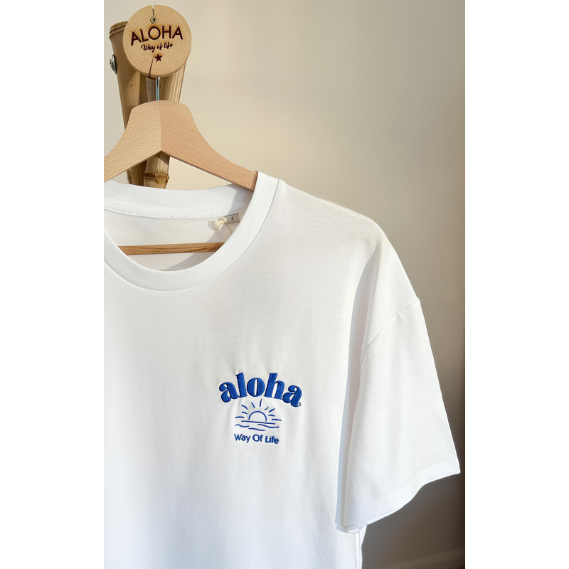 T-SHIRT SOLEIL ALOHA WAY OF LIFE BLANC BRODERIE BLEU