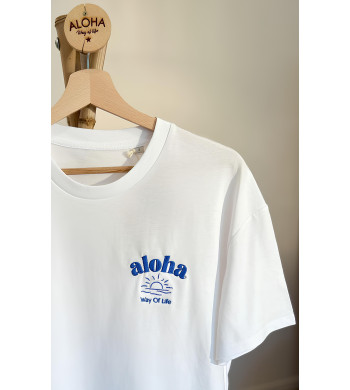 T-SHIRT SOLEIL ALOHA WAY OF LIFE BLANC BRODERIE BLEU