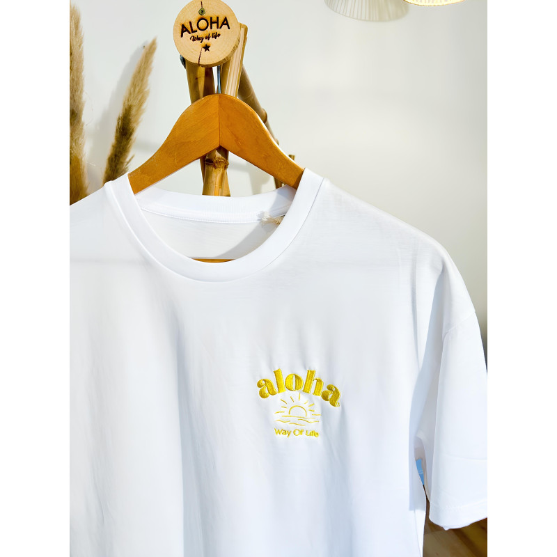 T-SHIRT SOLEIL ALOHA WAY OF LIFE BLANC BRODE JAUNE