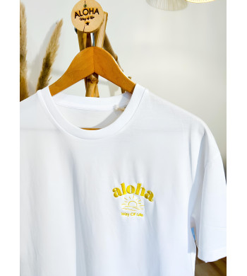 T-SHIRT SOLEIL ALOHA WAY OF LIFE BLANC BRODE JAUNE