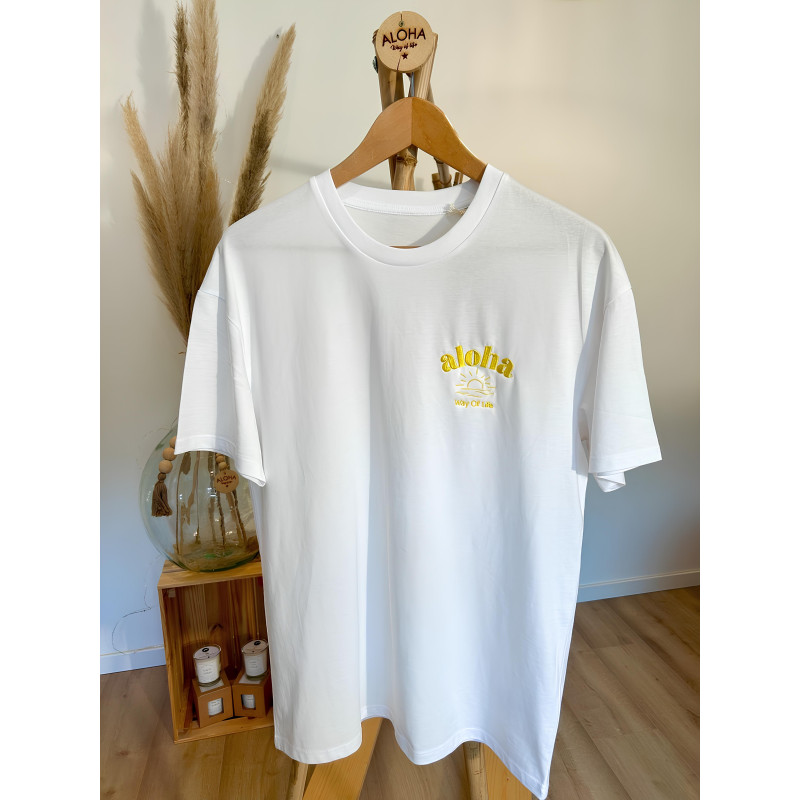 T-SHIRT SOLEIL ALOHA WAY OF LIFE BLANC BRODE JAUNE