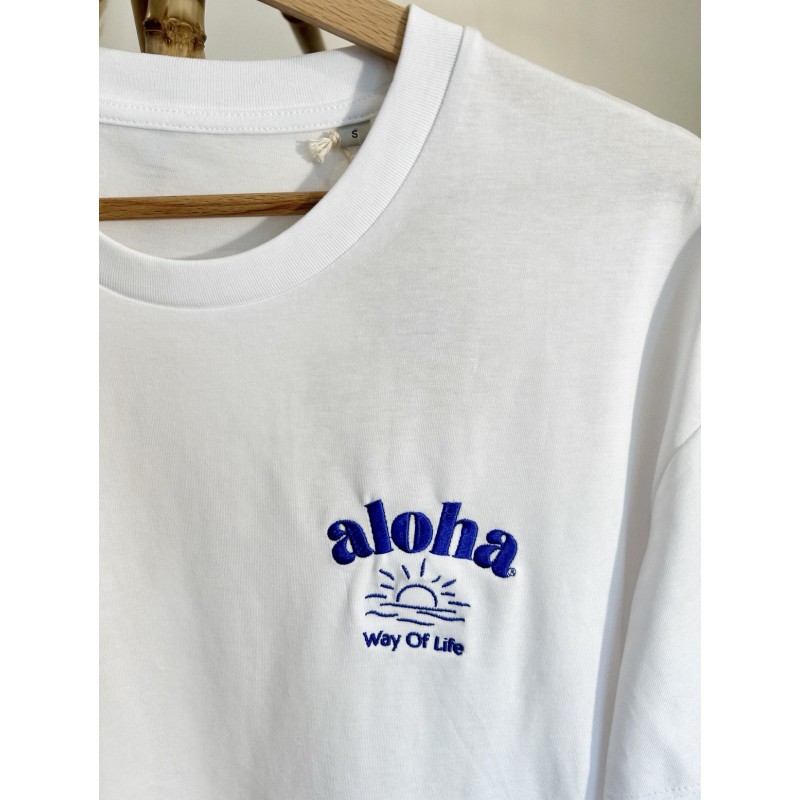 T-Shirt blanc 100% coton Bio, Broderie bleu Soleil couchant/ Aloha Way of life ®