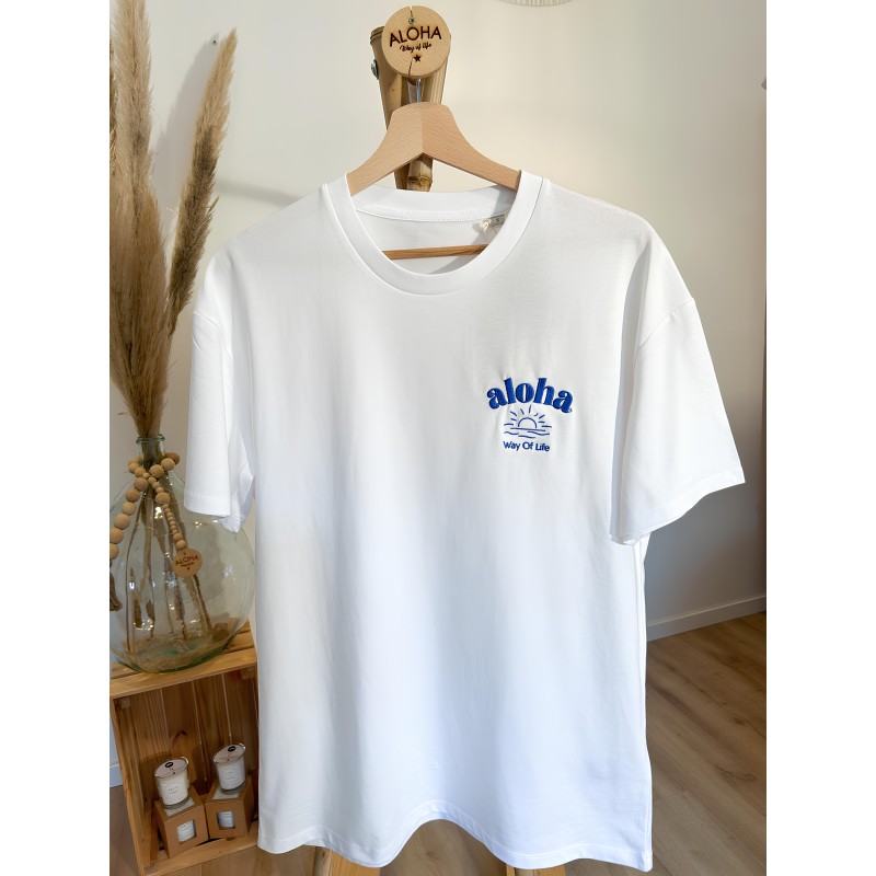 T-Shirt blanc 100% coton Bio, Broderie bleu Soleil couchant/ Aloha Way of life ®
