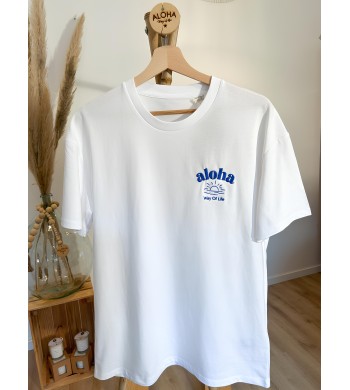 T-Shirt blanc brodé bleu SUNSET ALOHA WAY OF LIFE ®
