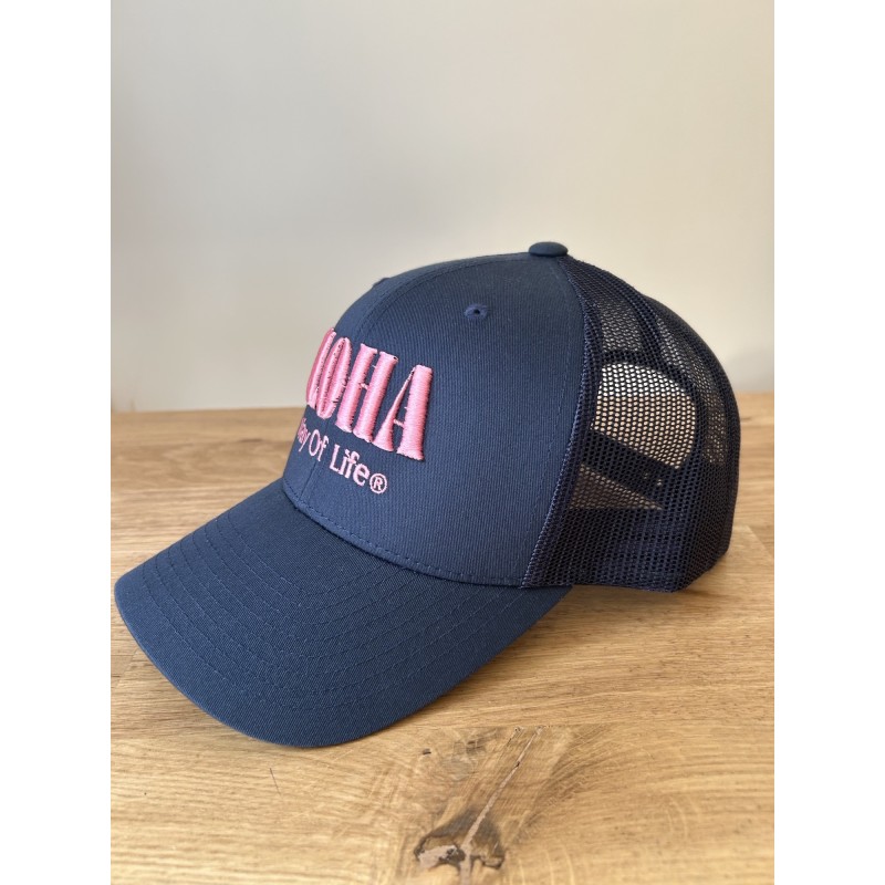 Casquette Trucker brodée Bleu marine- Rose, Aloha Way of Life ®