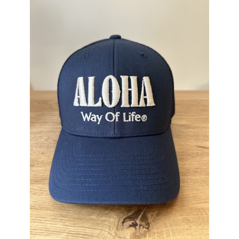 CASQUETTE TRUCKER BRODEE ALOHA WAY OF LIFE BLEU + IVOIRE