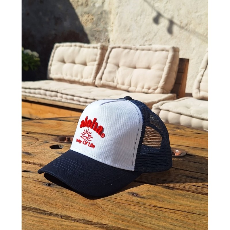 casquette filet américaine junior aloha way of life bleu marine et blanc broderie rouge