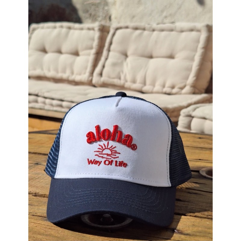 casquette filet américaine junior aloha way of life bleu marine et blanc broderie rouge