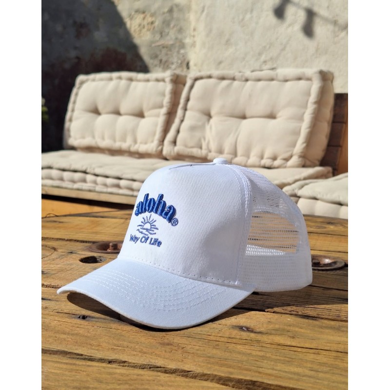 Casquette filet américaine Junior - Blanche, Broderie Aloha Way of Life ®