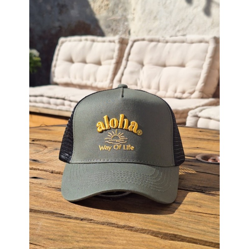 casquette filet américaine aloha way of life kaki + noir brodée