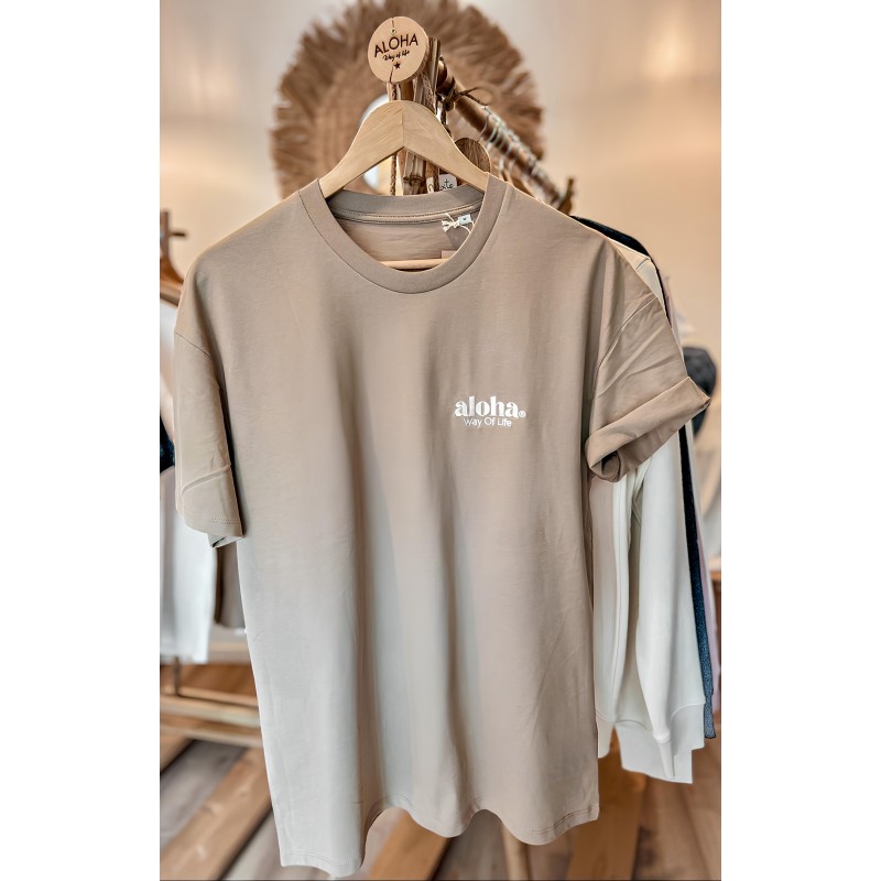 T-Shirt sable 100% coton Bio, Broderie beige Aloha Way of life ®